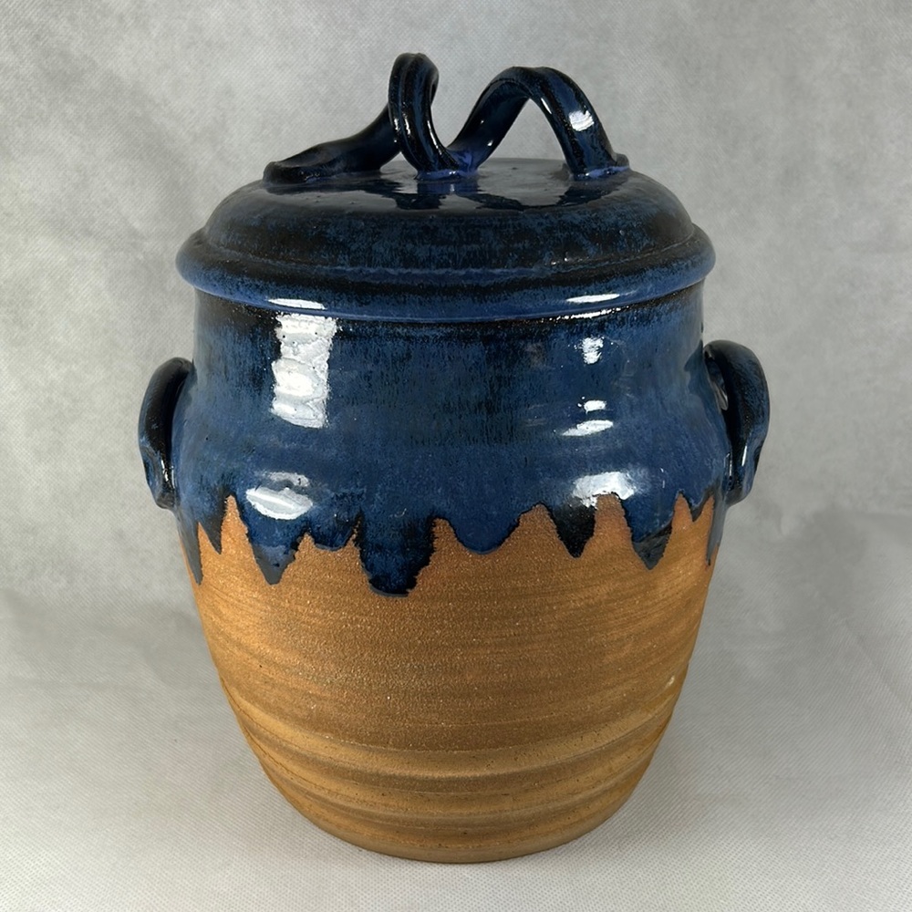 Anspach Signed And Number 6 Indigo And Terracotta Pottery Pot With Lid